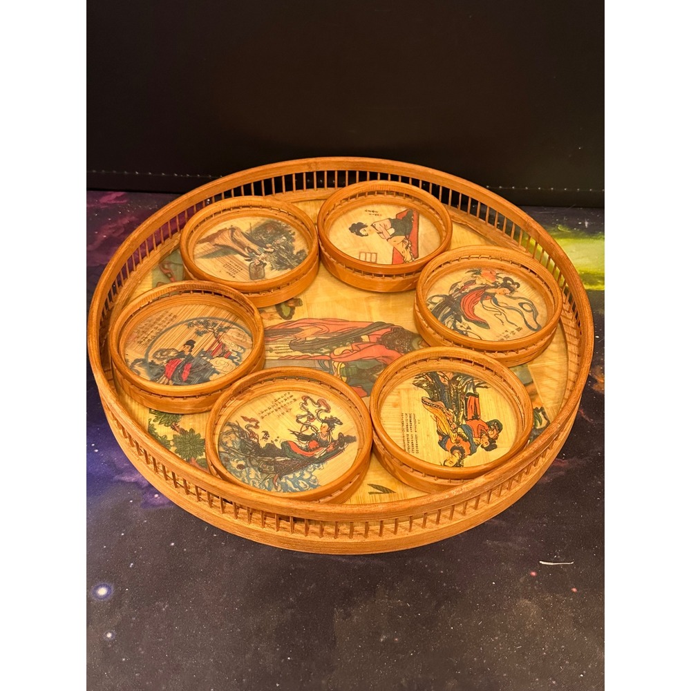 Vintage Bamboo Coaster Set with Tray Chinese Art Figures 7 Piece Set 11 Inch